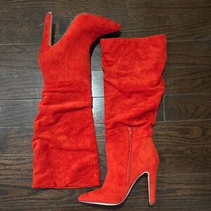Call It Spring Red Faux Suede Knee-High Stiletto Boots